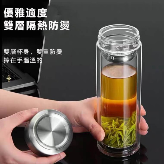 雙層保溫玻璃泡茶杯 送杯套+杯刷 茶水分離 304不鏽鋼茶隔濾網杯蓋 1000/800/450ml